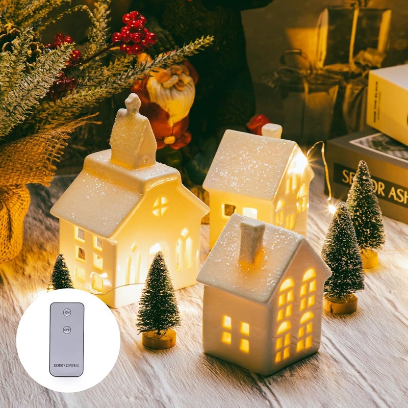 Mwfus 7 Pcs Christmas Miniature Porcelain Village Sets Tabletop Figurine LED Porcelain House Miniature Christmas Figurines Decorations for Tabletop Mantle Decor - Image 1